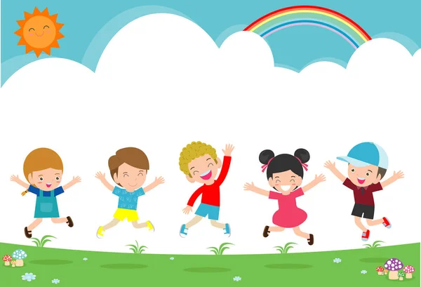 Niños Saltando Patio Recreo Niños Saltan Con Alegría Niño Feliz — Vector de stock