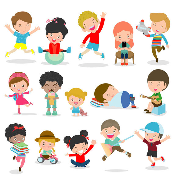 Set of diverse kids. Happy child character cartoon collection. Multicultural children of different nationalities in cartoon style. isolated on white background vector Illustration