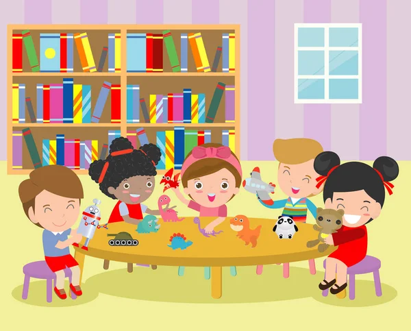 Happy Children Activity Kindergarten Cute Kids Playing Toy Group Happy — стоковый вектор
