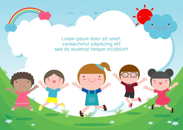 Διανυσματικά Εικονογράφηση Του Happy Αστεία Παιδιά Παίζοντας Έξω Ευτυχισμένη Παιδική — Διανυσματικό Αρχείο