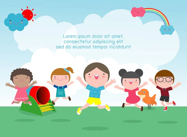 Kinder Springen Auf Dem Spielplatz Kinder Springen Vor Freude Fröhliches — Stockvektor