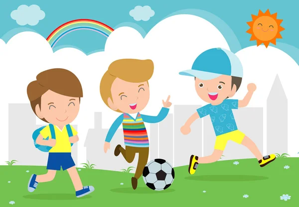 Chłopcy Gry Piłkę Nożną Dzieci Grać Piłkę Nożną Parku Ilustracja — Wektor stockowy