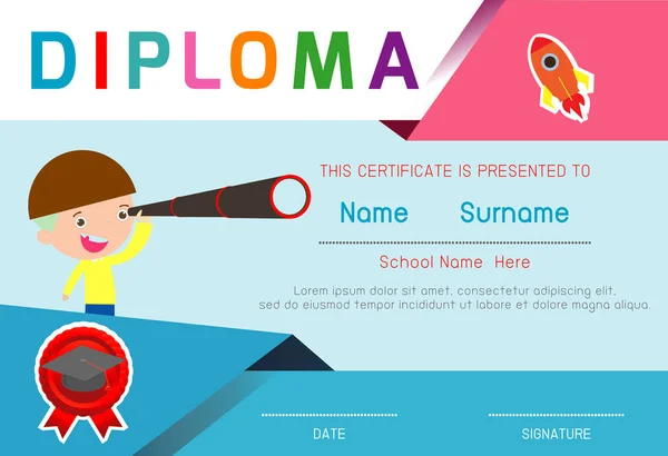 Certificados Jardín Infantes Primaria Niños Preescolares Diploma Certificado Patrón Diseño — Vector de stock