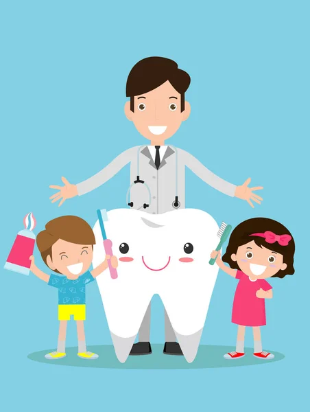 孩子们刷牙 医生和孩子们的例子 医生和孩子们一起站着照顾和清洁牙齿 卡通人物 — 图库矢量图片
