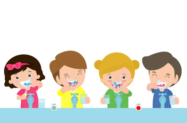 孩子们刷牙的例子 小孩子照顾和清洁一个大的笑脸 卡通人物 — 图库矢量图片