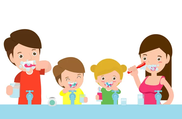 Ілюстрація Діти Батьками Зуба Сім Піклуватися Про Чистої Зуб Мультиплікаційні — стоковий вектор