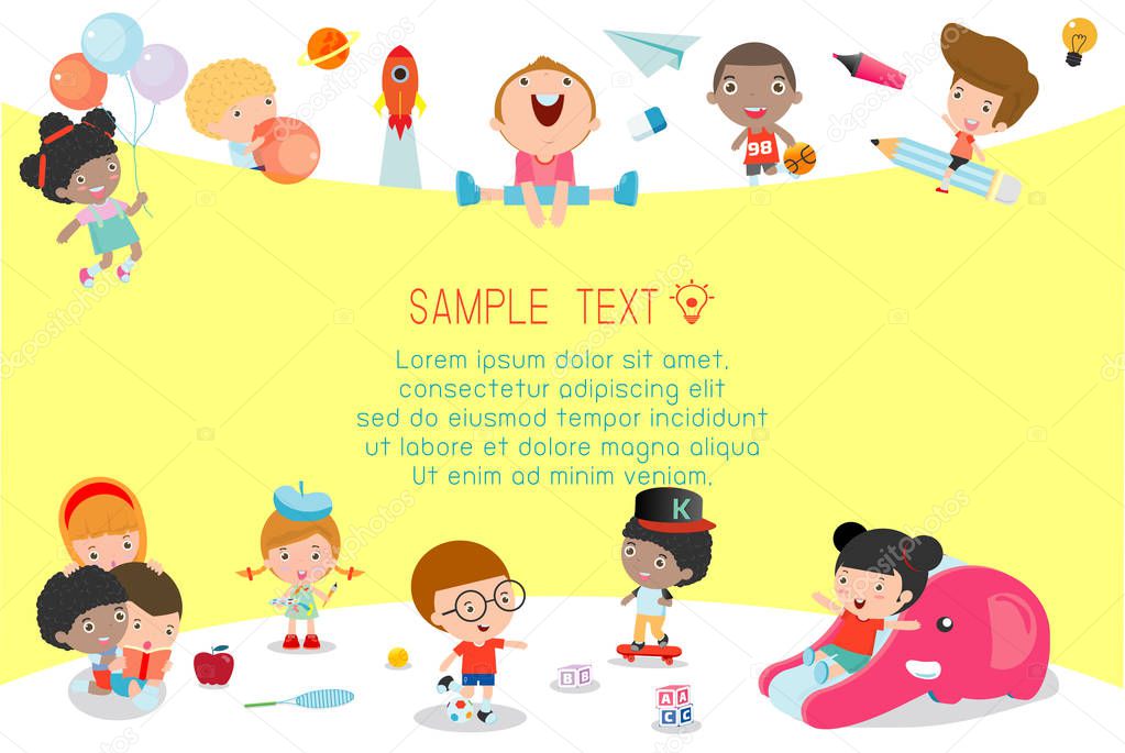 back to school, kids school, education concept, Kids go to school, Template for advertising brochure, your text,Kids and frame,child and frame,Vector Illustration, cartoon happy children.Illustration