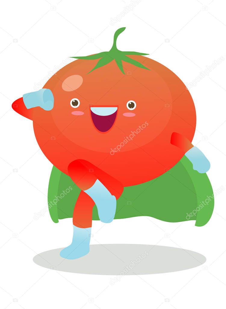 Cute happy super tomato, Superhero Vegetables in a superhero costume, mask and cloak. Vector concept illustration in a flat style for a healthy eating and lifestyle.