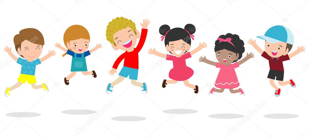 jumping kids, Multi-ethnic children jumping, child jumping with joy , happy jumping kids, happy cartoon child playing, Kids playing on white background, Vector illustration