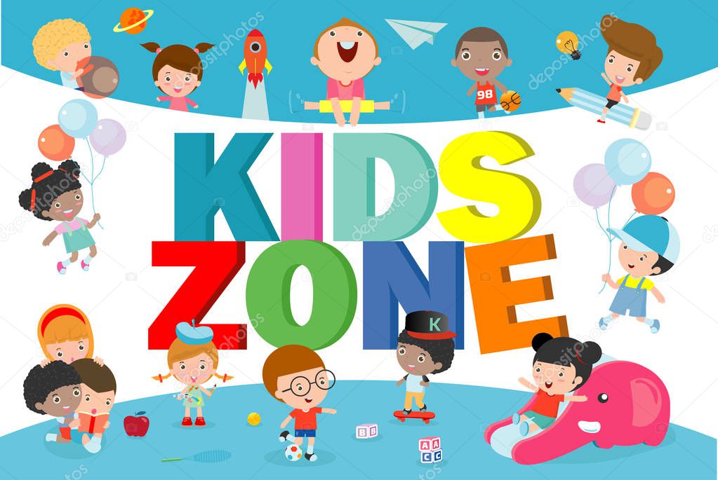 Kids zone banner design. Children playground area poster, Kids zone design concept with group of little boys and girls laying together. Vector illustration isolated on background