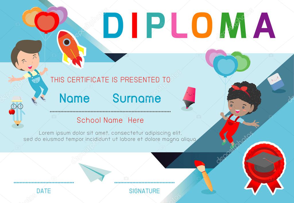Certificates kindergarten and elementary, Preschool Kids Diploma certificate pattern design template- vector illustration