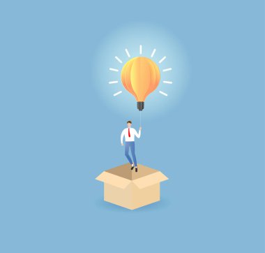 Kutu işi kavramının dışını düşün. Çözüm için yaratıcı fikirleri olan bir iş adamı. Ampulle uçan bir iş adamı. Vektör düz çizgi film karakter tasarımı çizimi çizimi