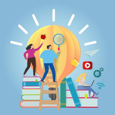 bilgi online. Uzaktan eğitim kavramı. video özel öğretmen eğitim kursları. küçük insanlar kitap ve ders kitapları sörf yaparken döşeme fikirler için bir dizüstü bilgisayar ile internet. Kağıt kesme ve el sanatları tarzı