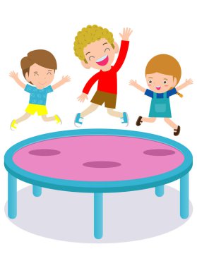 Çocuklar trambolinde atlıyor. çocuk Beden Eğitimi Sınıf Vektör düz karikatür illüstrasyon Farklı Spor Ve Fiziksel Etkinlikler uygulama 