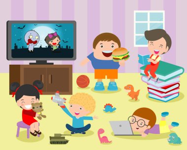 Mutlu okul çocukları sınıfta, anaokulu, çocuk aktivite oynama, eğitim, vektör çizim kitap, okuma grubu