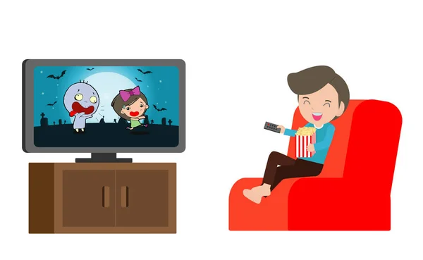 Παιδιά Βλέποντας Τηλεόραση Μικρό Αγόρι Ρολόγια Τηλεόραση Απομονωμένη Απεικόνιση Διάνυσμα — Διανυσματικό Αρχείο