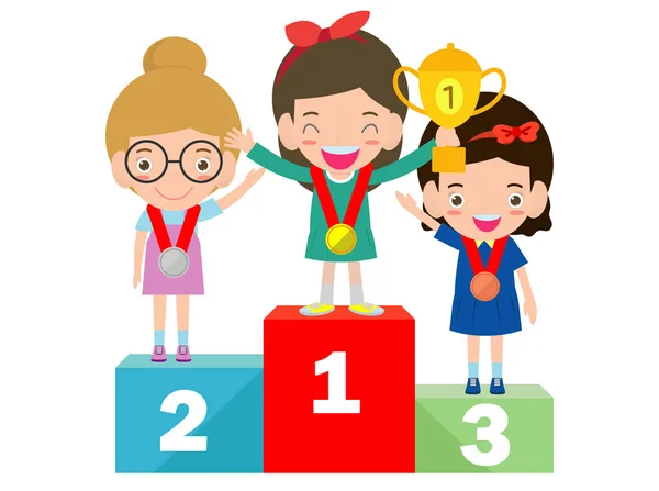 Niños Con Medallas Victoria Pedestal Deportivo Niños Medallistas Pie Podio — Vector de stock