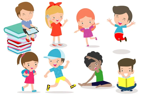 Zestaw Różnorodnych Dzieci Szczęśliwa Kolekcja Kreskówek Charakter Dziecka Aktywności Przedszkolu — Wektor stockowy