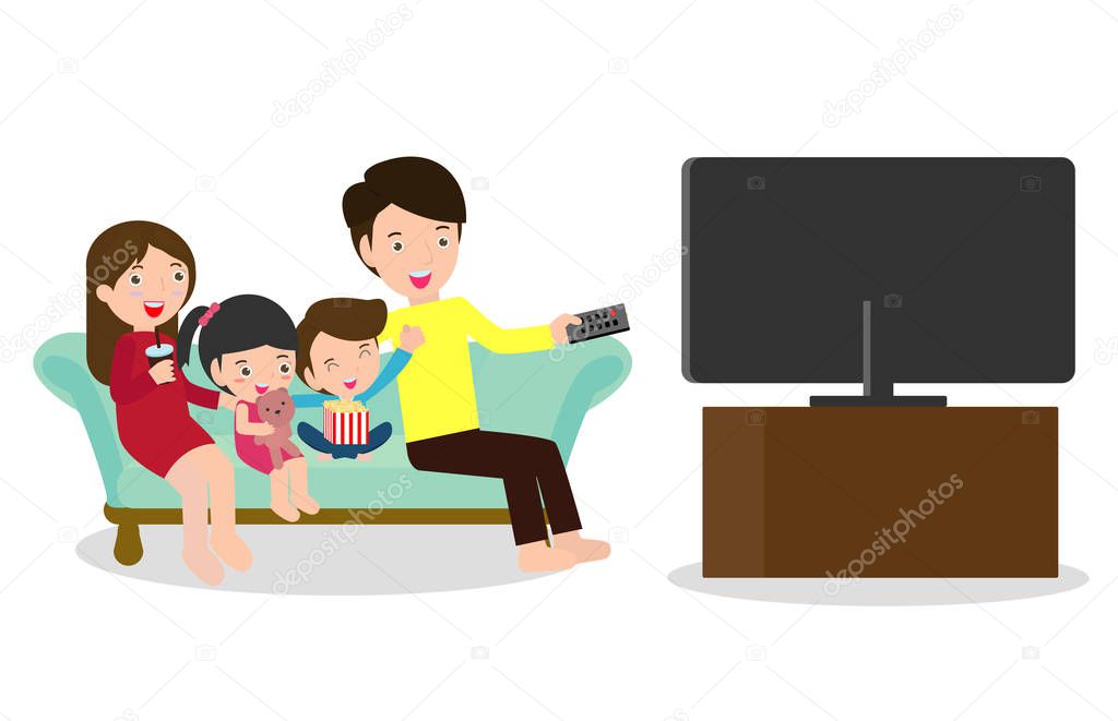 Illustration of a Family Watching a TV Show Together, Happy family watching television sitting on the couch at home