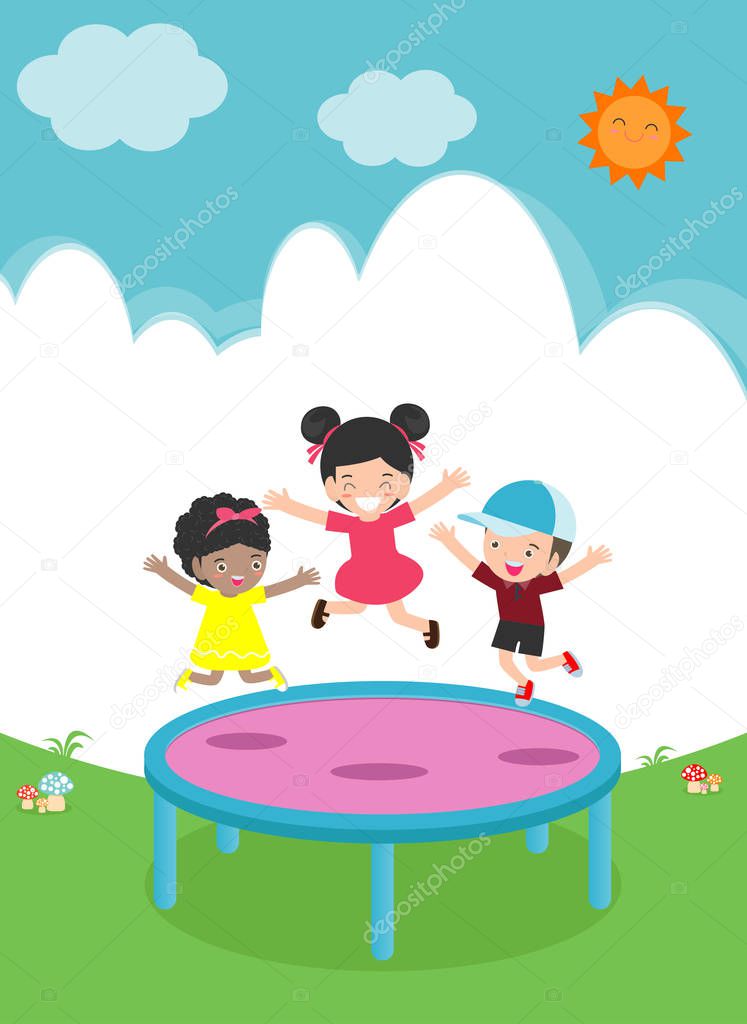 Kids jumping on trampoline. child Practicing Different Sports And Physical Activities In Physical Education Class Vector flat cartoon illustration