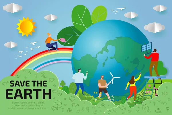 Mali Ludzie Przygotowują Się Dnia Ziemi Uratować Planetę Uratować Świat — Wektor stockowy