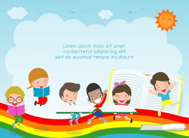 okula geri, eğitim kavramı, çocuk okuma kitapları, çocuk okulu, Reklam broşürü için Şablon, metin, Çocuk ve çerçeve, çocuk ve çerçeve, Vektör İllüstrasyon, karikatür mutlu çocuklar. Illüstrasyon