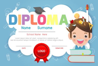 Sertifikalar anaokulu ve ilköğretim, Okul Öncesi Çocuk Diploması sertifika desen tasarım şablonu, Anaokulu öğrencileri için Diploma şablonu, Çocuk Belgesi diploması