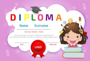 Sertifikalar anaokulu ve ilköğretim, Okul Öncesi Çocuk Diploması sertifika desen tasarım şablonu, Anaokulu öğrencileri için Diploma şablonu, Çocuk Belgesi diploması
