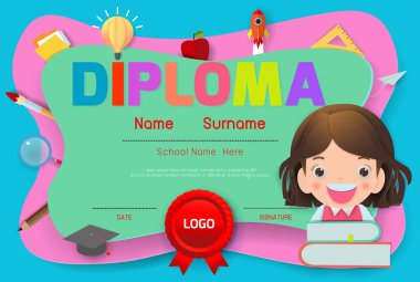 Sertifikalar anaokulu ve ilköğretim, Okul Öncesi Çocuk Diploması sertifika desen tasarım şablonu, Anaokulu öğrencileri için Diploma şablonu, Çocuk Belgesi diploması