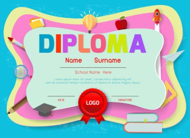 Sertifikalar anaokulu ve ilköğretim, Okul Öncesi Çocuk Diploması sertifika desen tasarım şablonu, Anaokulu öğrencileri için Diploma şablonu, Çocuk Belgesi diploması