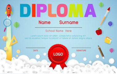 Sertifikalar anaokulu ve ilköğretim, Okul Öncesi Çocuk Diploması sertifika desen tasarım şablonu, Anaokulu öğrencileri için Diploma şablonu, Çocuk Belgesi diploması