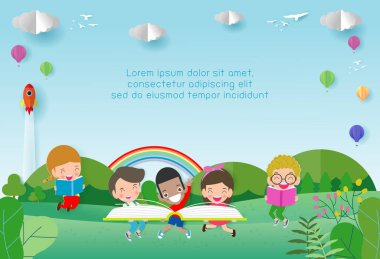 Okula dönüş, çocuk okulu, eğitim konsepti, çocuklar okula gidiyor, reklam broşürleri için şablon, metin, çocuklar ve çerçeve, çocuk ve çerçeve, vektör ilüzyonu, çizgi film mutlu çocukları.