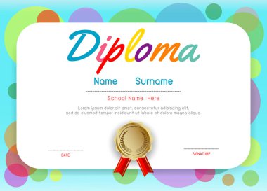 Sertifikalar anaokulu ve ilköğretim, Okul Öncesi Çocuk Diploması sertifika desen tasarım şablonu, Anaokulu öğrencileri için Diploma şablonu, Çocuk Belgesi diploması