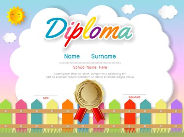 Sertifikalar anaokulu ve ilköğretim, Okul Öncesi Çocuk Diploması sertifika desen tasarım şablonu, Anaokulu öğrencileri için Diploma şablonu, Çocuk Belgesi diploması