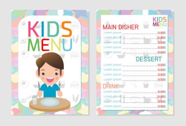 Sevimli renkli çocuk yemek menüsü şablonu tasarımı, Çocuk restoranı, çocuk menüsü, çocuklar için menü şablonu, çocuklar için Cafe menüsü, şablon tasarımı. Vektör çizimi