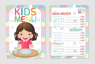 Sevimli renkli çocuk yemek menüsü şablonu tasarımı, Çocuk restoranı, çocuk menüsü, çocuklar için menü şablonu, çocuklar için Cafe menüsü, şablon tasarımı. Vektör çizimi