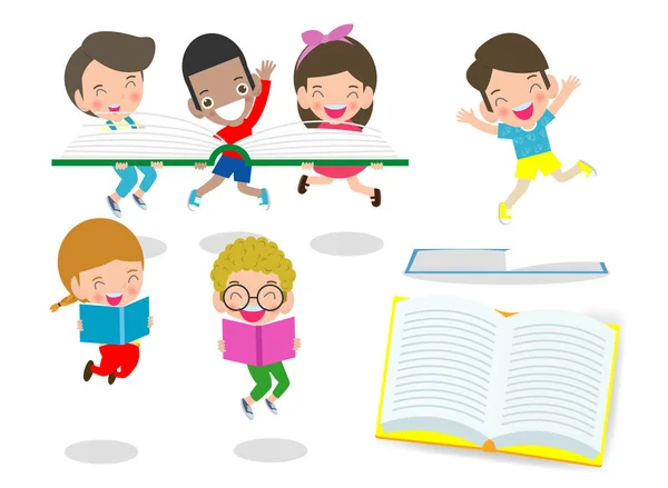 Niños Lindos Leyendo Libros Niños Lindos Regreso Escuela Concepto Educación — Vector de stock