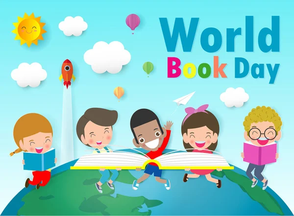 Día Mundial Del Libro Lectura Libros Infantiles Concepto Educación Feliz — Archivo Imágenes Vectoriales