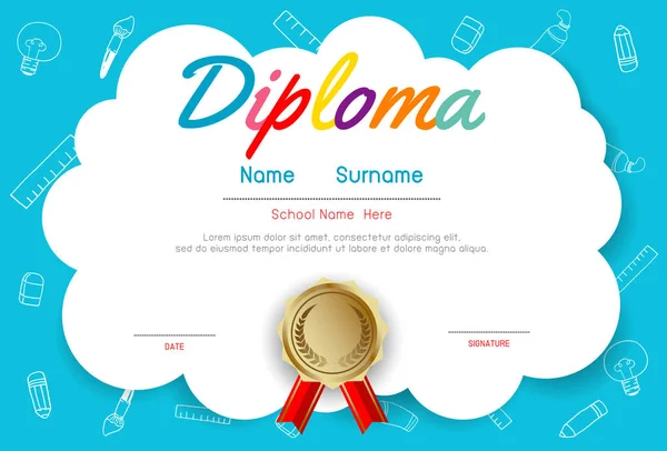 Certificates Kindergarten Elementary Preschool Kids Diploma Certificate Pattern Design Template — Stock Vector