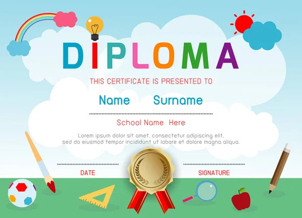 Certificados Jardim Infância Elementar Pré Escolar Crianças Diploma Certificado Modelo —  Vetores de Stock