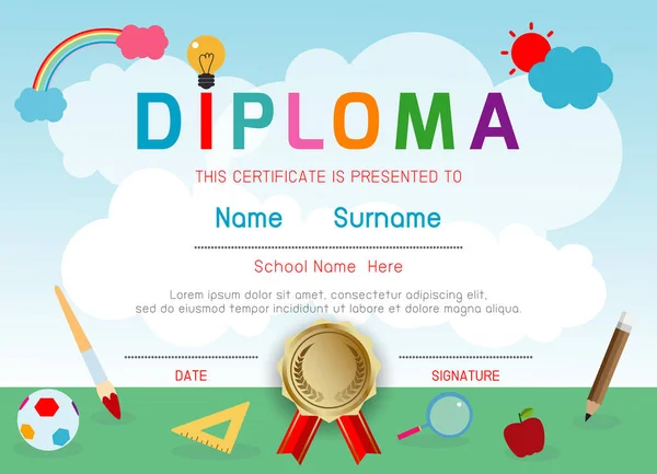 Certificaten Kleuterschool Elementaire Preschool Kids Diploma Certificaat Patroon Ontwerpsjabloon Diploma — Stockvector