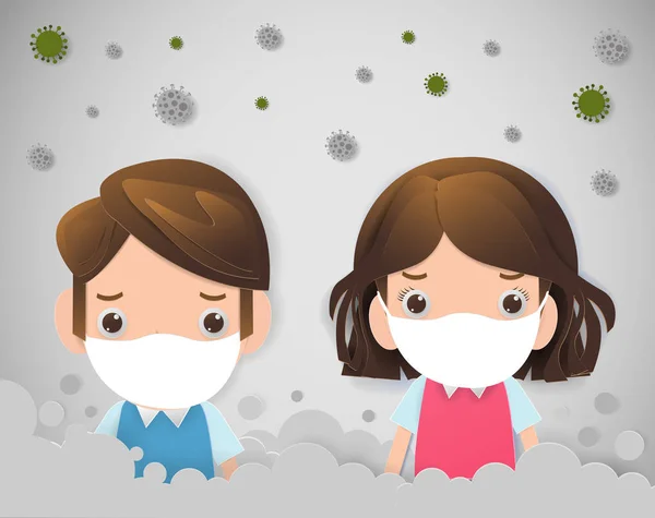 Kids Masks Because Fine Dust Boy Girl Wearing Mask Smog — Stock Vector