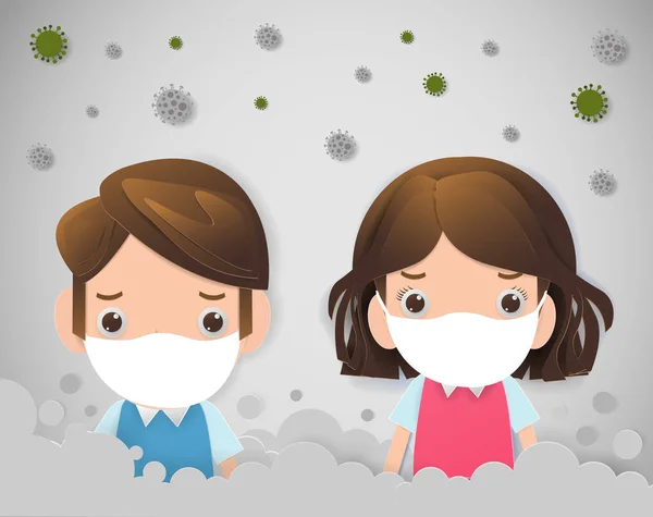 çocuklar maskeli ince toz Pm 2.5, erkek ve kız smog karşı maske yüzünden. İnce toz, hava kirliliği, endüstriyel duman koruma kavramı düz stil tasarlamak vektör.