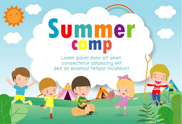 çocuklar yaz kampı eğitimi Reklam broşürü için şablon, kamp faaliyetleri yapan çocuklar , poster el ilanı şablonu, metin , Vektör İllüstrasyon 