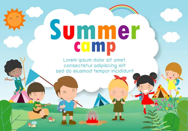 Kids Summer Camp Education Template Advertising Brochure Children Doing Activities — Stock Vector