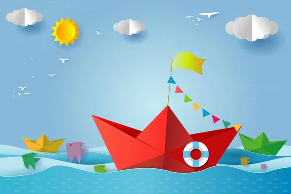 Origami Barco Navegando Oceano Arte Papel Estilo Artesanato Digital Conceito — Vetor de Stock