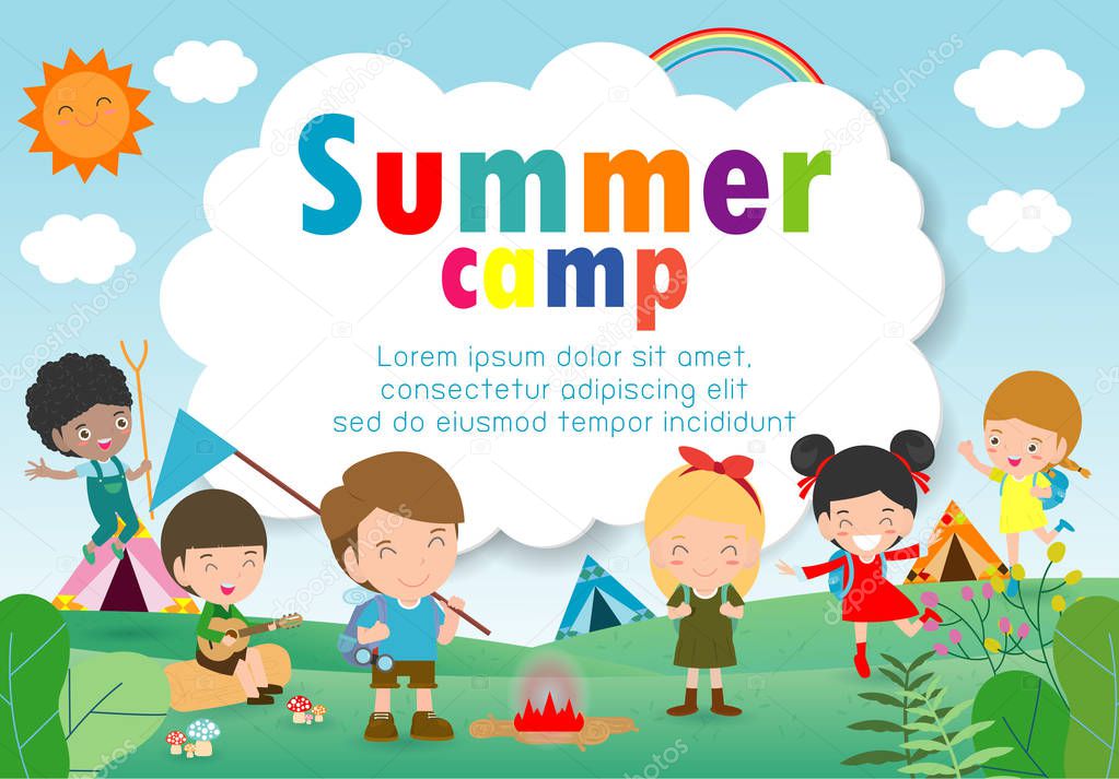 kids summer camp education Template for advertising brochure, children doing activities on camping , poster flyer template, your text ,Vector Illustration 