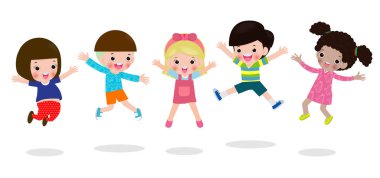 Mutlu çocuklar birlikte atlama ve dans, çocuklar beyaz arka plan, Vektör illüstrasyon üzerinde izole oynarken