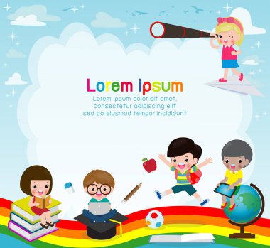okula geri, Sevimli okul çocukları, eğitim konsepti, gökkuşağı çocuklar, reklam broşürü için Şablon, metin, Çocuk ve çerçeve, çocuk ve çerçeve, mutlu karikatür arka plan Vektör İllüstrasyon