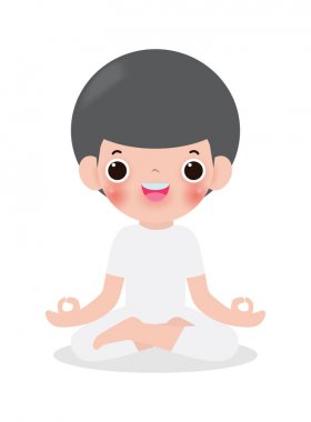lotus poz meditasyon çocuk. Düz tarzda Sevimli karikatür çocuk yoga ve meditasyon vektör illüstrasyon. 